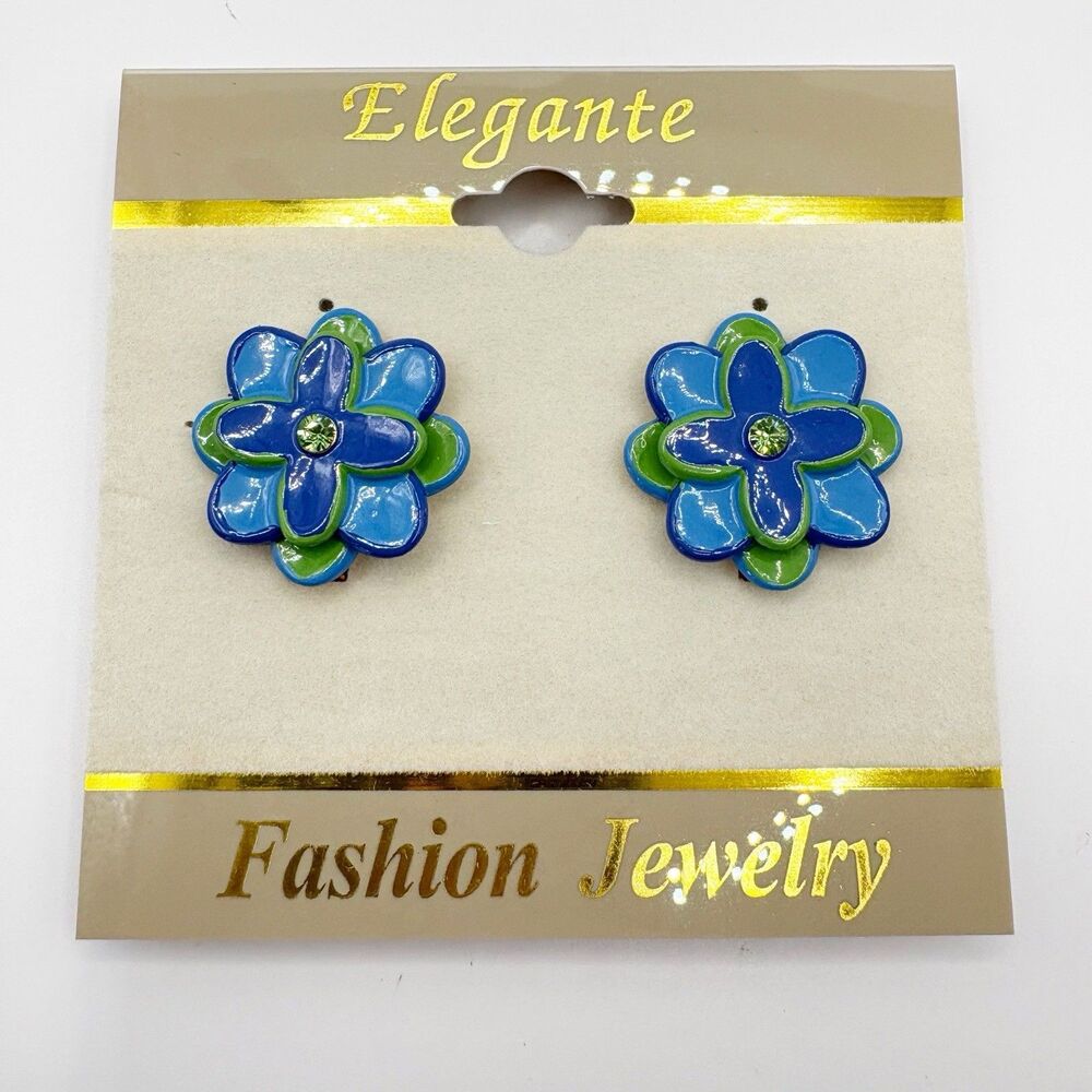 Blue Green Flower Clip On Earrings New Spring Easter Grandma Mayday Summer
